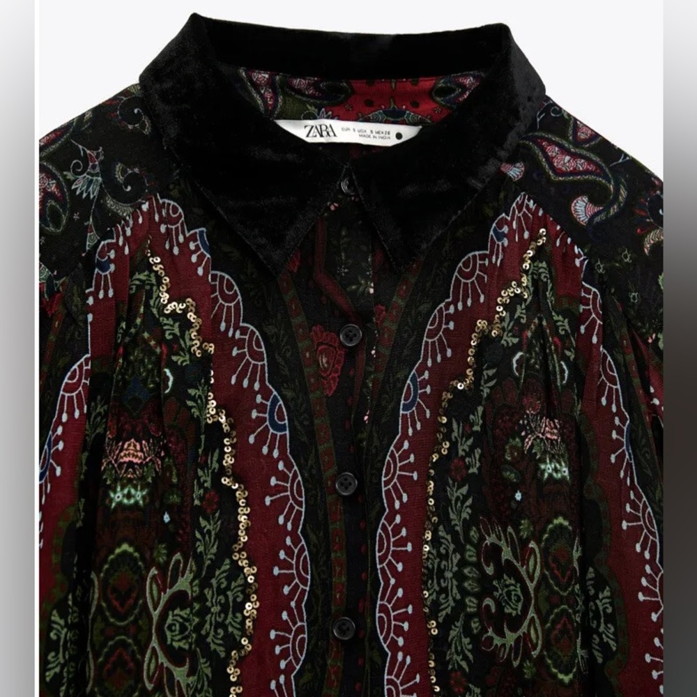 Zara Printed VELVET BLOUSE Sequin top